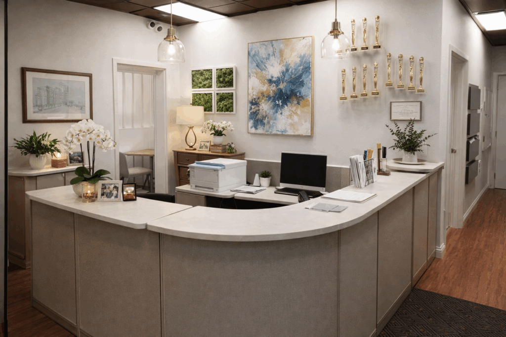 Modern office interior with refreshed décor, featuring a clean desk, ergonomic chair, and decorative accents.